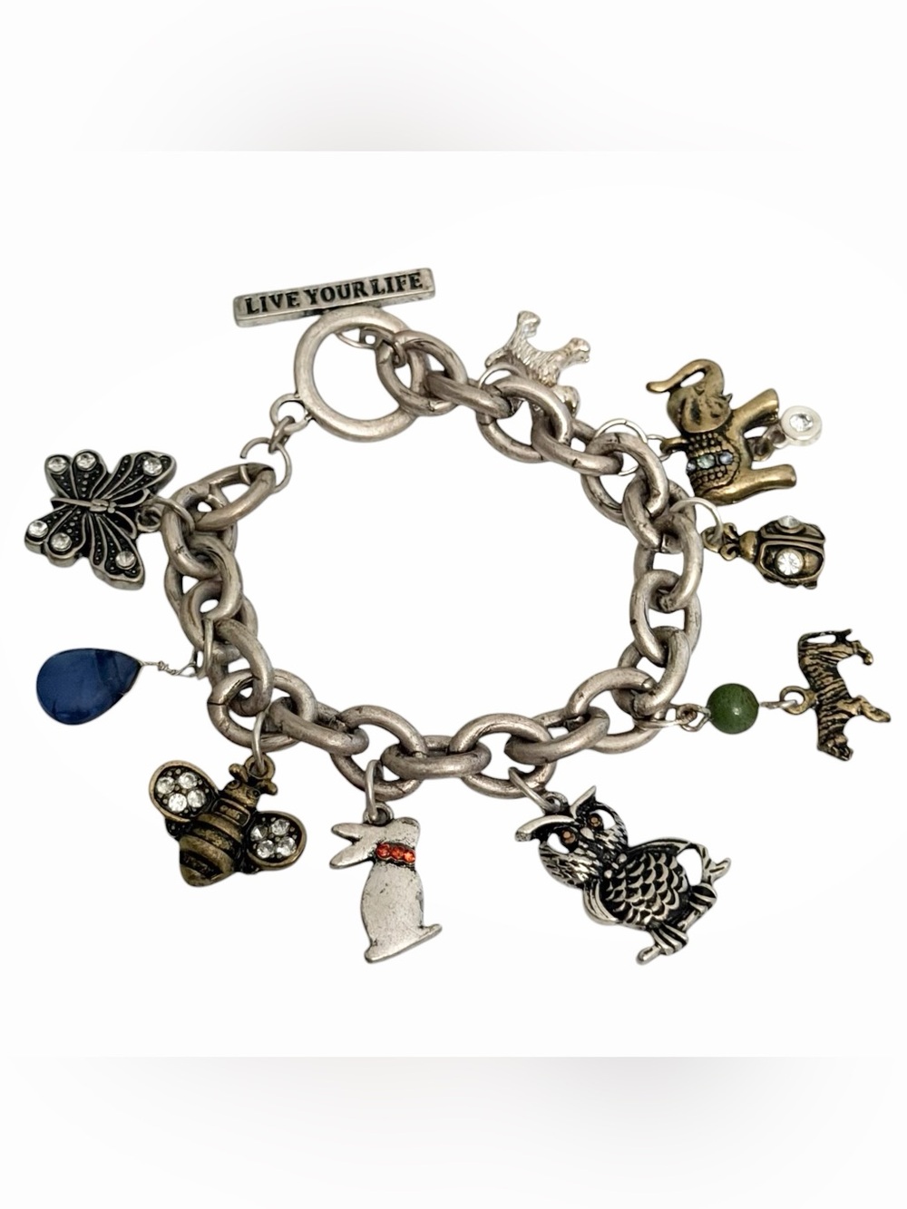 AEO Bracelet 7” Charms Rhinestones Silver Tone
